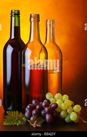 Flaschen Wein mit Trauben Stockfoto