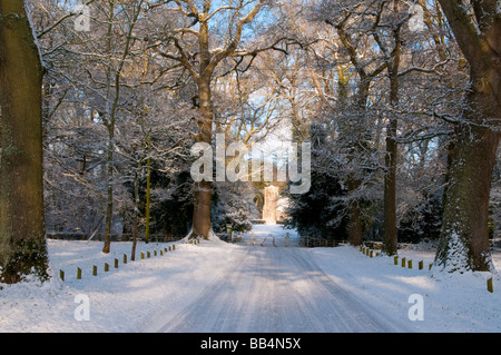 Snowy Szene, Pamphill, Wimborne, Dorset, Großbritannien Stockfoto