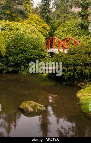 USA, WA, Seattle. Kubota Gärten Mond Brücke im zeitigen Frühjahr. Stockfoto