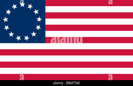 Historische Flagge der Vereinigten Staaten von Amerika. Betsy Ross Flag, 1776, eine frühe amerikanische Flagge mit 13 roten und weißen Streifen und Stockfoto