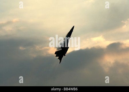 Eine Seitenansicht des F/A-18E/F Super Hornet Kampfjet in einem steilen Aufstieg mit Dampf von den Baumkronen Stockfoto