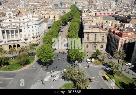 Luftaufnahme über La Rambla in Barcelona, Spanien Stockfoto