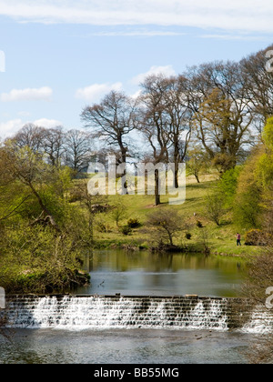 Blick auf einen malerischen Wehr am Fluss Aln in Alnwick in Northumberland, North East England UK Stockfoto