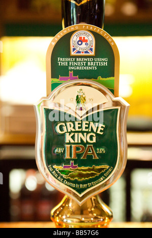 Greene King IPA Bier Pumpe Label Abzeichen Stockfoto