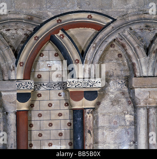 Kathedrale von Durham leer arcading südlichen Kirchenschiff Gang mit Spuren der mittelalterlichen Wandmalerei Stockfoto