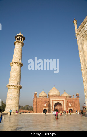 Minarett der Taj Mahal und Taj Mahal Moschee, Agra, Uttar Pradesh, Indien Stockfoto