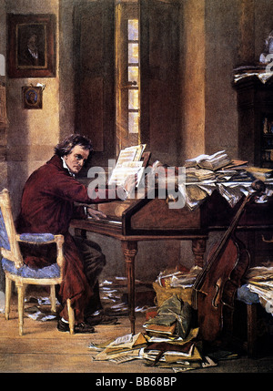 Beethoven, Ludwig van, 17.12.1770 - 26.3.1827, deutscher Komponist, halbe Länge, am Werk, Historiengemälde von Carl Schlöser, 19. Jahrhundert, Stockfoto