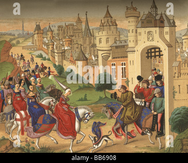 Ibeau von Bayern, 1371 - 29.9.1435, Königin Consort von Frankreich seit 1385, Ankunft in Paris, 20.6.1389, Chromolithograph, nach Miniatur aus den "Chroniques" von Jean Froissart, 1523, Bibliotheke Nationale, Paris, Stockfoto