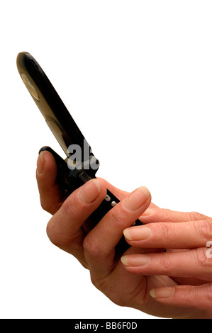 Womans Hände halten ein Handy eine Texteingabe Stockfoto