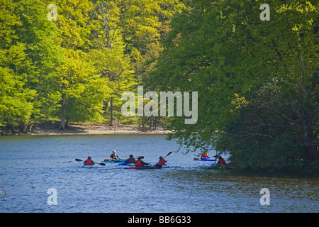 Frühlingsfarben auf Loch Lomond Aldochlay Kanus auf der Suche nach Zoll Tavannach Insel Schottland Mai 2009 Stockfoto