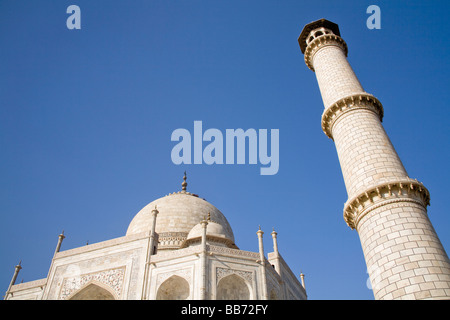 Eines der vier Minarette und die Kuppel des Taj Mahal, Agra, Uttar Pradesh, Indien Stockfoto