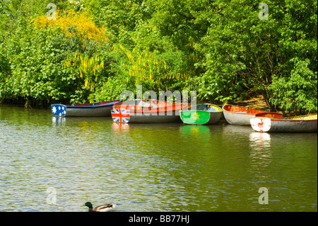 Bunte Boote vertäut auf der Insel in der Mitte des Sees, im Finsbury Park, North London. Stockfoto