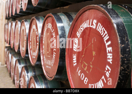 Whiskey-Fässern. Bunt bemalte Whiskey Alterung Fässer schmücken die alte Brennerei in Bushmills. Stockfoto