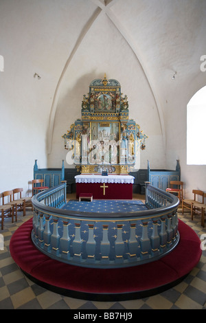 Stubberup Altar. Schiene und detaillierte Altar Malerei in der Antike aus dem 17. Jahrhundert Kirche verändern verziert. Stockfoto