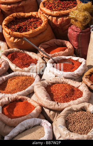 Gewürze, Paprika und Hülsenfrüchte werden in Säcken in das Dorf Xiding, Xishuangbanna, der Volksrepublik China verkauft. Stockfoto