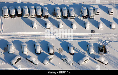 Aerial photo, Eigen, Schnee, Auto-Tuner Brabus Parkplatz, Bottrop, Ruhrgebiet, Nordrhein-Westfalen, Deutschland, Europa Stockfoto