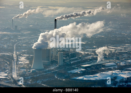 Luftaufnahme, STEAG Kraftwerk gesehen aus Recklinghausen, Schnee, Herne, Ruhrgebiet, Nordrhein-Westfalen, Deutschland, Europa Stockfoto