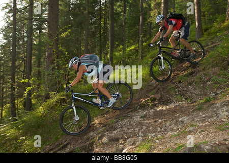 Mountainbike-Fahrer und -Fahrer, die auf einem Wurzelpfad in einem Wald in der Nähe von Garmisch, Oberbayern, Bayern, Deutschland, Europa unterwegs sind Stockfoto