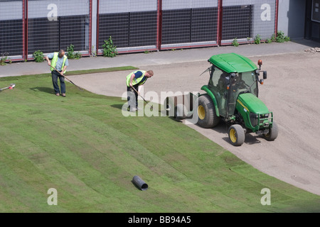 Auftragnehmer, die Verlegung von Kunstrasen Stockfoto