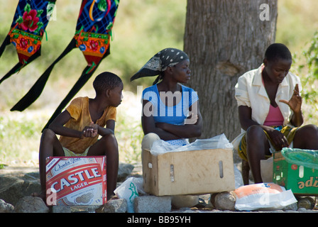 Am Straßenrand Anbieter verkaufen Obst und Gemüse am Straßenrand in der westlichen Caprivi, Namibia. Stockfoto