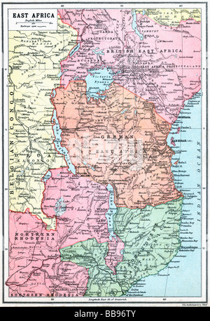 Karte von Ostafrika zu Beginn des ersten Weltkrieges. Stockfoto