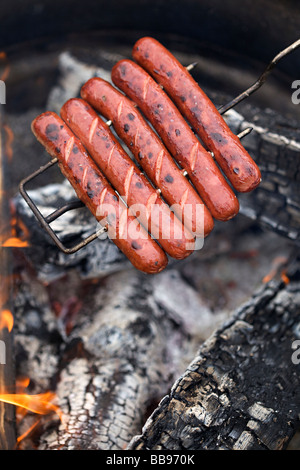 Hot Dogs auf ein Lagerfeuer rösten Stockfoto