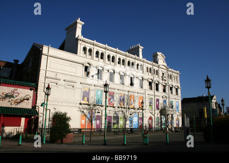 Liverpool europäische Hauptstadt der Kultur Werbung auf ehemaligen skandinavischen Hotel, Chinatown, Liverpool, Merseyside, Großbritannien Stockfoto