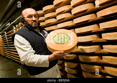 Gewürz-Lager von Käse Fontina Valpelline Italien Stockfoto