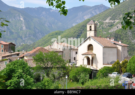 Die Kirche von der Mountain Village von Marie-Sur-Tinée in den Alpes-Maritimes, Frankreich Stockfoto