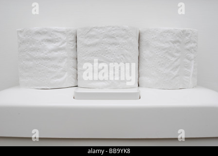 Drei Ersatz Rollen Toilettenpapier auf Spülkasten Stockfoto