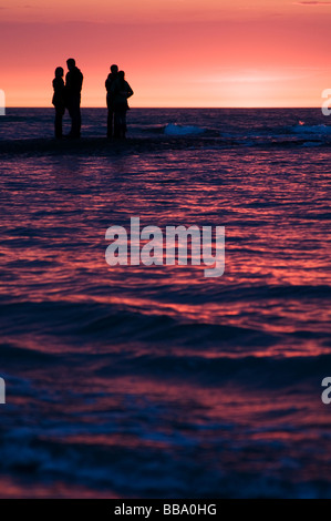 Paare, die den Sonnenuntergang am Strand von Scheveningen, Den Haag, Niederlande Stockfoto