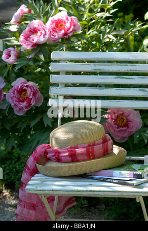 Garten-Szene mit Sonnenhut und blühende peonoes Stockfoto