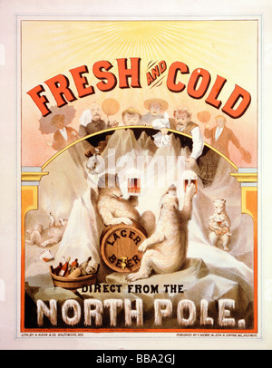 Ende des neunzehnten Jahrhunderts (ca. 1877) Lithographie Plakat Werbung "frisch und kalt Lagerbier direkt vom Nordpol". Stockfoto