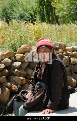 Landwirt tragen traditionelle Kleidung am Rande ein Gerstenfeld im Kloster Phiyang, Asien, Himalaya, Ladakh, Indien Stockfoto