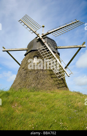 Alte Heide reetgedeckte Windmühle in Nord-Jütland, Dänemark Stockfoto