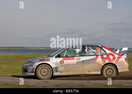 Mitsubishi Lancer Evo VII, Geschwindigkeit, verrissen Schuss, Lausitz-Rallye, Motorsport, Baerwald See, Sachsen, Deutschland, Europa Stockfoto