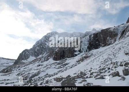 North Face von Ben Nevis zeigt Orion Gesicht, Aussichtsturm und Schloss Ridge und Grate im Winter mit einem blauen Himmelshintergrund Stockfoto