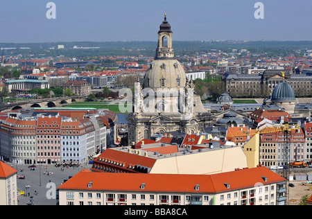 Panoramic view over the city of Dresden with Kreuzkirche, Church of the Cross and Frauenkirche, Church of Our Lady on Neumarkt  Stockfoto
