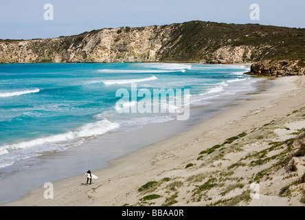 Eine Surfer Spaziergänge entlang des Strandes an der malerischen Bucht Pennington.  Kangaroo Island, South Australia, Australien Stockfoto