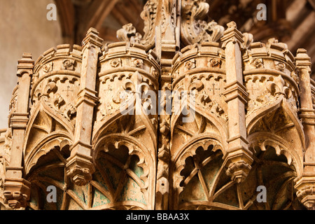 UK England Norfolk Trunch Dorf St Botolphs Pfarrkirche mittelalterlichen geschnitzten hölzernen Schriftart Abdeckung carving-detail Stockfoto