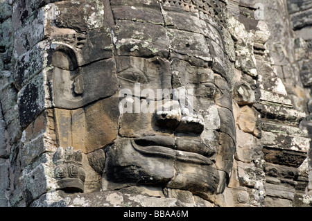 Riesige Fläche des Bodhisattva Lokeshvara gemeißelt in Stein, auch genannt UNESCO Worl, Angkor Thom, Bayon Tempel, Avalokiteshvara Stockfoto