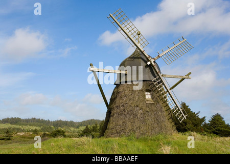 Alte Heide reetgedeckte Windmühle in Nord-Jütland, Dänemark Stockfoto