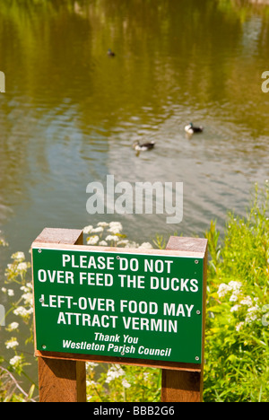 Ein Schild sagt zögern Sie bitte nicht zu füttern die Enten in den Dorfteich in Westleton, Suffolk, Uk Stockfoto