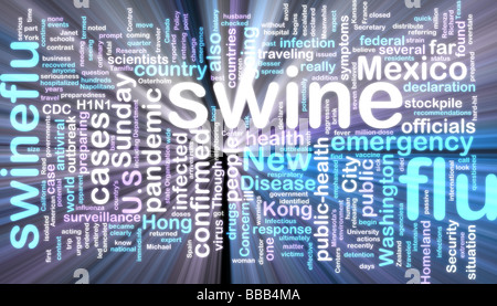 Word Cloud Konzept Illustration der Schweinegrippe leuchtende Neon-Licht-Stil Stockfoto