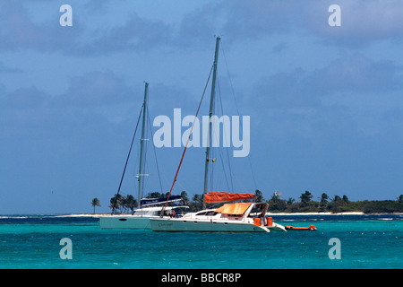 Zwei Yachten ankern in Tobago Cays auf einem Türkis-Ozean. Stockfoto