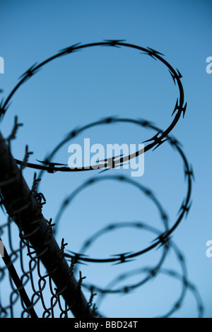 Abstrakten Detailbild gewellt Stacheldraht auf einem Zaun vor einem blauen Himmel, was darauf hindeutet, Grenzsicherung oder Schutz. Stockfoto