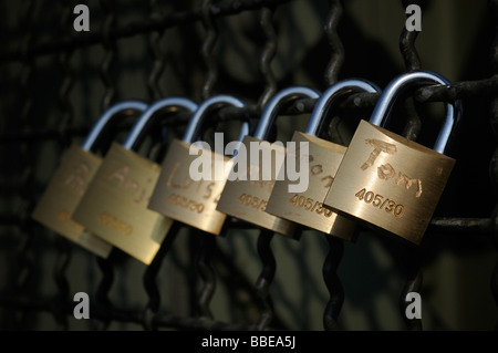 Vorhängeschlösser als Symbol der Freundschaft und Liebe auf dem Zaun der Hohenzollern Brücke in Köln, Nordrhein-Westfalen, Deutschland Stockfoto