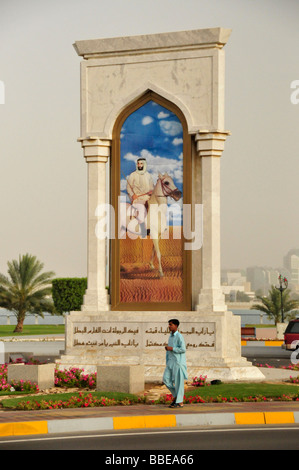 Darstellung des verstorbenen Sheikh Zayed bin Sultan Al-Nahyan auf einem Pferd, im Bezirk von Wellenbrecher, Abu Dhabi, Vereinigte Arabische Emira Stockfoto