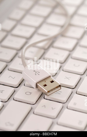 USB-Kabel auf Tastatur Stockfoto