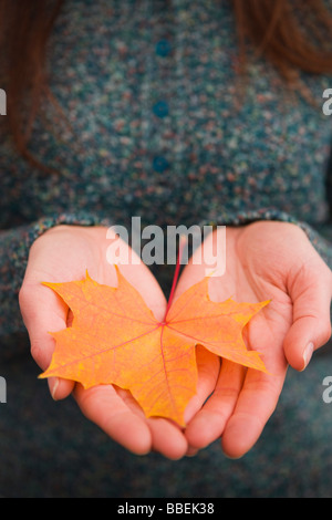 Close-up Frau mit Golden Maple Leaf, Bend, Oregon, USA Stockfoto